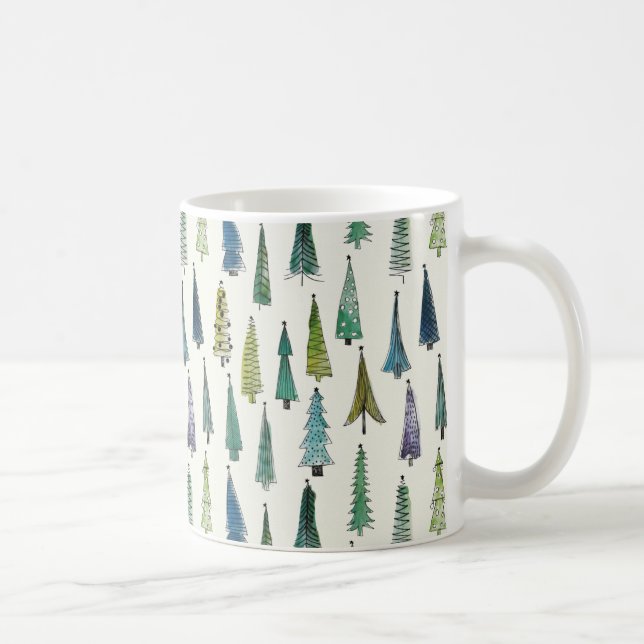 Caneca De Café Modern Christmas Trees Illustrated Pattern (Direita)