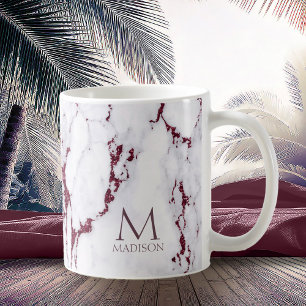 Caneca De Café Modern Marble Glitter Monograma Burgundy ID816