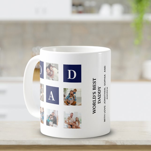 Caneca De Café Modern multi-photo grid for dad Blue (Criador carregado)
