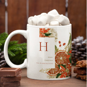 Caneca De Café Modern Poinsettia & Greenery   Monograma de Natal