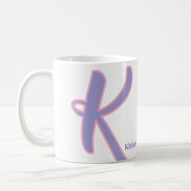 Caneca De Café Modern Purple & Pink Monogram Personalized Name K (Esquerda)