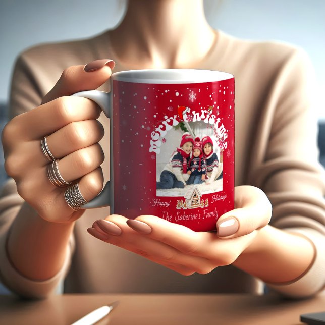 Caneca De Café Modern Red Curved Graffiti Merry Christmas Photos  (Criador carregado)