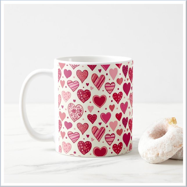 Caneca De Café Modern Red & Pink Hearts Pattern (Criador carregado)