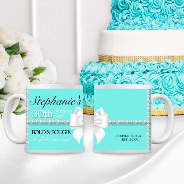 Caneca De Café Modern Teal Aqua Tiffany Bold & Bougie Birthday (Teal Aqua Tiffany Theme Birthday Gift for Her Bold & Bougie 30th Birthday Mug with Pearls and Bow)