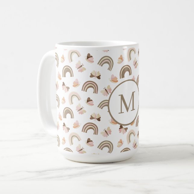 Caneca De Café Modern White &pink Butterflies Rainbow Pattern  (Frente Esquerda)