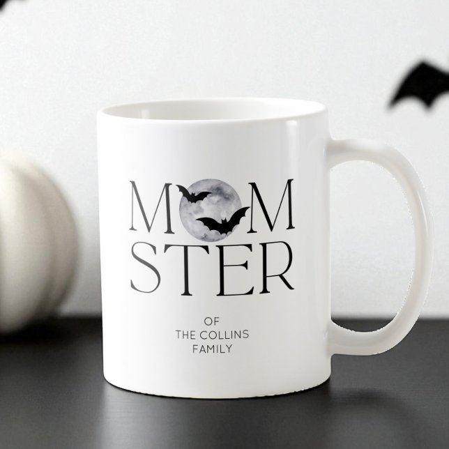 Caneca De Café Moderna Lua Negra Morde Halloween Mãe (Modern Black Moon Bats Halloween Momster Mom Coffee Mug)