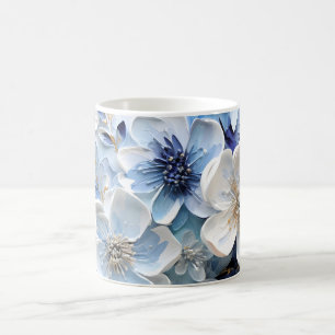 Caneca De Café Moderno Botânico Floral Azul Branco Elegante