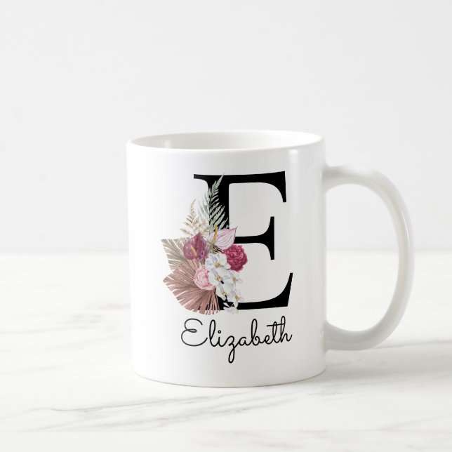 Caneca De Café Moderno Floral Boho Rosa Inicial E (Direita)