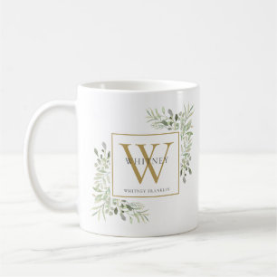 Caneca De Café Moderno Monograma Dourado Chic Greenery
