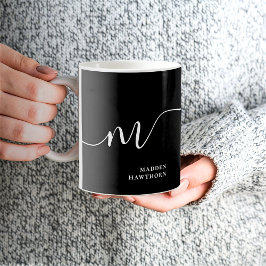 Caneca De Café Moderno Monograma Script Caligrafia Preta