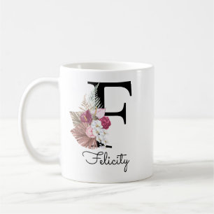 Caneca De Café Moderno Rosa Boho Floral Feminino Inicial F
