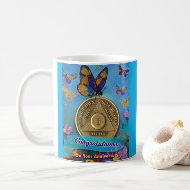 Caneca De Café Moeda de 1 Ano AA Parabéns Borboletas (Com Donut)