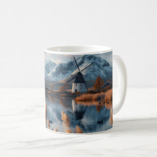 Caneca De Café Moinho de vento num lago com paisagem montanhosa