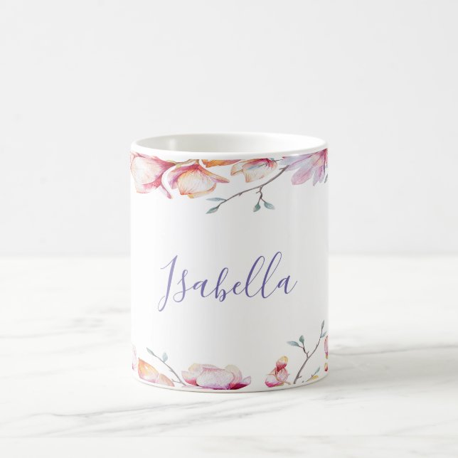 Caneca De Café Moldura de flor de magnólia rosa no nome branco (Centro)