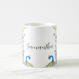 Caneca De Café Moldura de peacocks com flores a aquarela