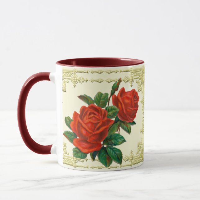 Caneca de Café Moldura Dourada Rosas Vermelhas Vit (Esquerda)