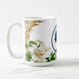 Caneca De Café Moldura Floral Dourada Elegante com Flores de Líri
