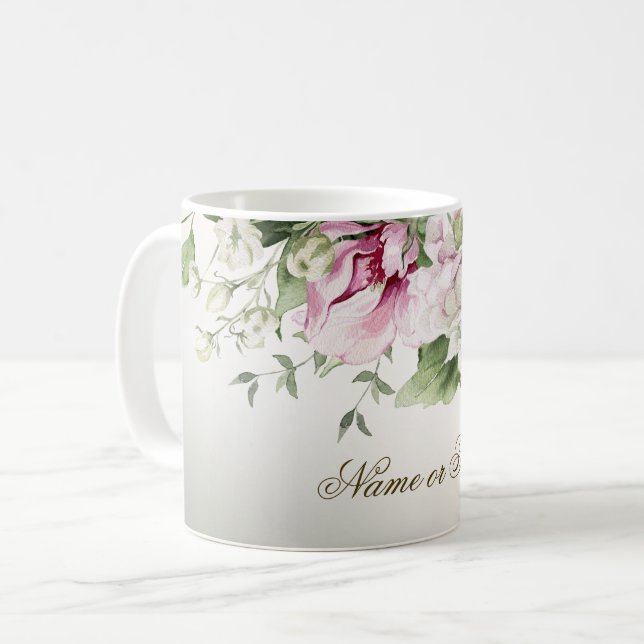 Caneca De Café Moldura Floral Rosa Aquarela Bronze Brilhante Eleg (Frente Esquerda)