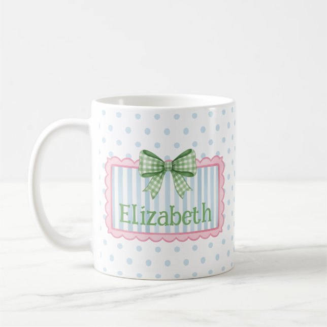 Caneca De Café Moldura Rosa e Azul com Laço Xadrez Verde (Esquerda)