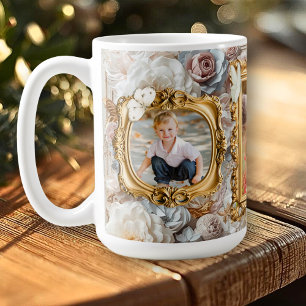 Caneca De Café Molduras de Fotos Florais Barrocas em Ouro Macio C
