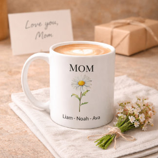 Caneca De Café Mom April Birth Flower with Kids Names