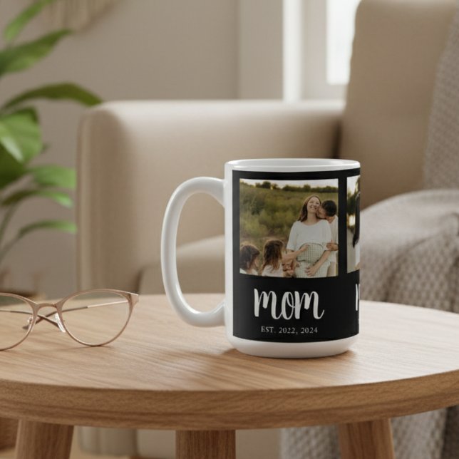 Caneca De Café Mom Established Script Black 3 Photo (modern black and white mom established coffee mug with 3 photos and date for mothers day christmas)