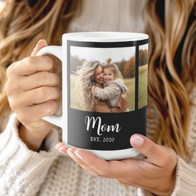 Caneca De Café Mom Established Script Black and White 3 Photo (Mom established 3 photo personalized mug gift)