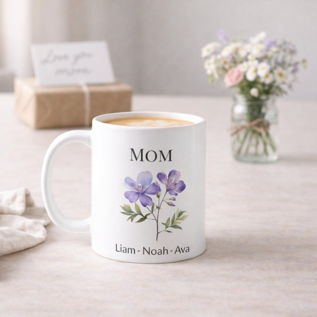 Caneca De Café Mom February Birth Flower with Kids Names (Criador carregado)
