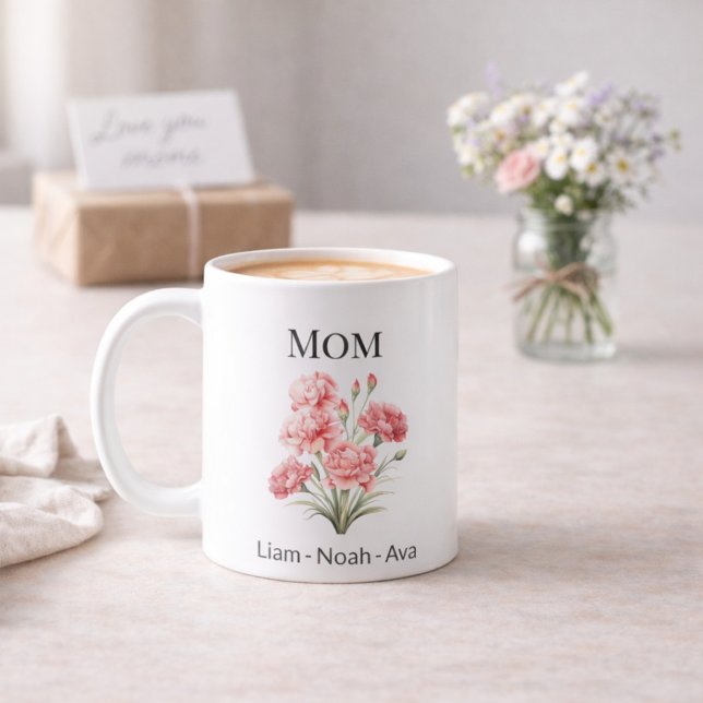 Caneca De Café Mom January Birth Flower with Kids Names (Criador carregado)