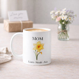 Caneca De Café Mom March Birth Flower with Kids Names