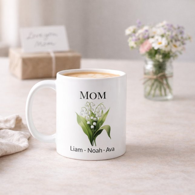 Caneca De Café Mom May Birth Flower with Kids Names (Criador carregado)