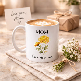 Caneca De Café Mom November Birth Flower with Kids Names
