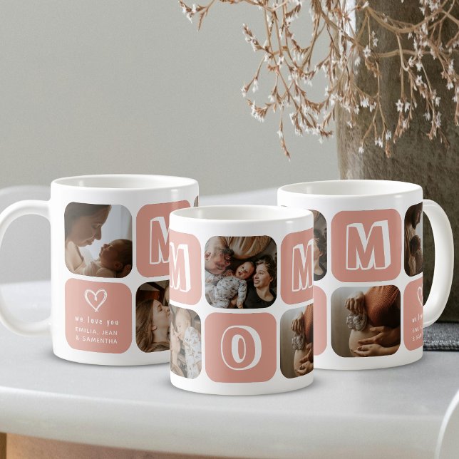 Caneca De Café Mom Photo Collage Peach and White Heart Family (Criador carregado)