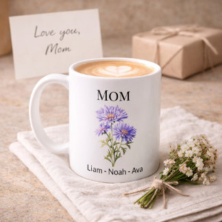 Caneca De Café Mom September Birth Flower with Kids Names