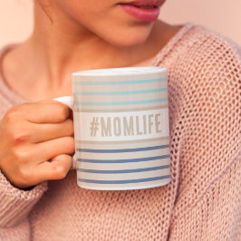 Caneca De Café Momlife Hashtag bege azul e branco