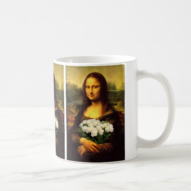Caneca De Café Mona Lisa Com Buquê De Rosas Brancas (Direita)