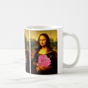 Caneca De Café Mona Lisa com o buquê de rosas cor-de-rosa