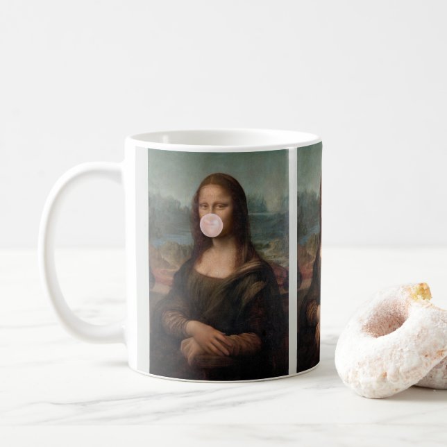 Caneca De Café Mona Lisa soprando pastilha elástica rosa (Com Donut)