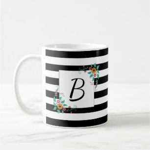 Caneca De Café Mondern Black Stripes e Monograma Floral