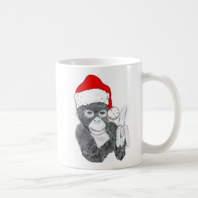 CANECA DE CAFÉ MONKEY COM PAPAI NOEL CHAPÉU E BANANA, ~ ALEGRE, (Direita)