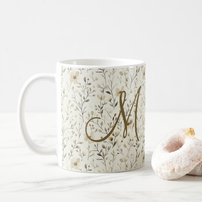 Caneca De Café Monogram Neutral Boho Florals Wildflowers Flowers  (Com Donut)