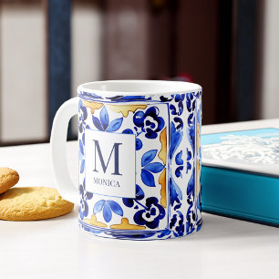Caneca De Café Monograma Amalfi - azulejos italianos azuis