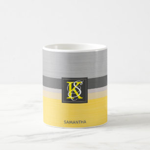 Caneca De Café Monograma amarelo e cinzento do tom dois simples