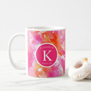 Caneca De Café Monograma Aquarela Rosa Laranja Abstrato