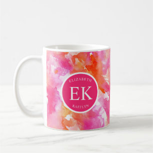 Caneca De Café Monograma Aquarela Rosa Laranja Abstrato
