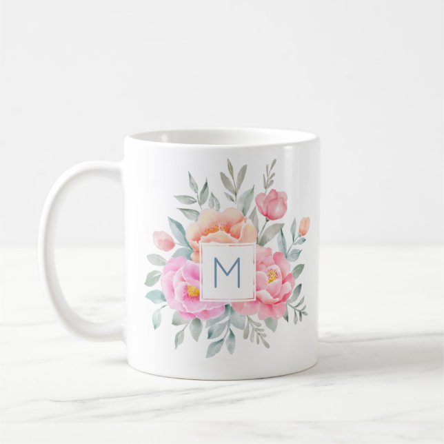 Caneca De Café Monograma Aquarelas Peonias Rosas Buquê Rosa (Esquerda)