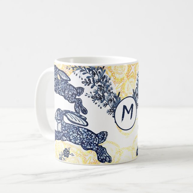 Caneca De Café Monograma asiático Azul Dourado Coelho Chinoiserie (Frente Esquerda)