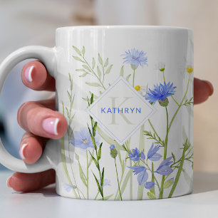 Caneca De Café Monograma Azul Flor Selvagem Personalizado