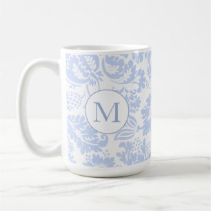 Caneca De Café Monograma Azul Floral Elegante Botânica
