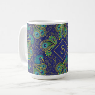Caneca De Café Monograma Azul Real Paisley Pavão